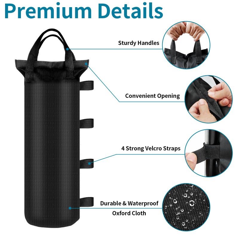 PEASUG 4 Sand Bags for Weight, Heavy Duty Sandbags for Canopy Legs, Extra Large Pop Up Tent Weights, Canopy Weight Bags for Gazebo, Outdoor Sun Shelter, Umbrella - Black, 6"Ã—20", Without Sand - Image 3