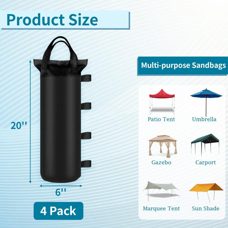 PEASUG 4 Sand Bags for Weight, Heavy Duty Sandbags for Canopy Legs, Extra Large Pop Up Tent Weights, Canopy Weight Bags for Gazebo, Outdoor Sun Shelter, Umbrella - Black, 6"Ã—20", Without Sand - Image 2