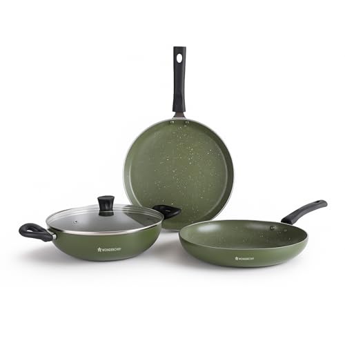 Wonderchef Valencia Non-Stick Cookware 4 Pc. Set | Kadhai with Lid 24 cm, Fry Pan 24 cm, Dosa Tawa 28 cm | Pure Grade Aluminium | PFOA Free | 2-Yr Warranty | Olive Green - Image 1