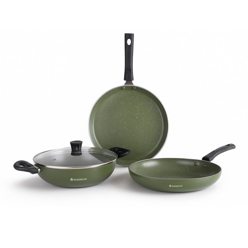 Wonderchef Valencia Non-Stick Cookware 4 Pc. Set | Kadhai with Lid 24 cm, Fry Pan 24 cm, Dosa Tawa 28 cm | Pure Grade Aluminium | PFOA Free | 2-Yr Warranty | Olive Green - Image 2