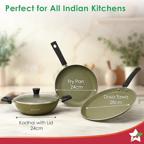 Wonderchef Valencia Non-Stick Cookware 4 Pc. Set | Kadhai with Lid 24 cm, Fry Pan 24 cm, Dosa Tawa 28 cm | Pure Grade Aluminium | PFOA Free | 2-Yr Warranty | Olive Green - Image 3