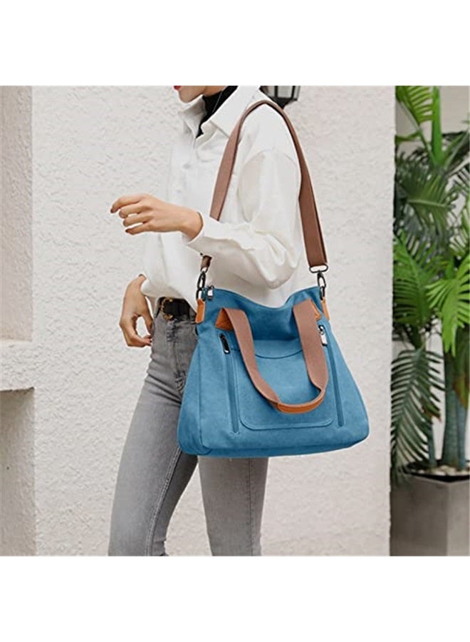 Women's Canvas Tote Bag Work Shoulder Crossbody Bags Vintage Multi-pocket Handbags-blue  - Image 3