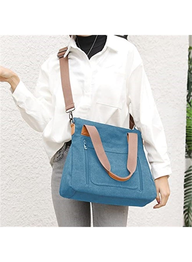 Women's Canvas Tote Bag Work Shoulder Crossbody Bags Vintage Multi-pocket Handbags-blue  - Image 4