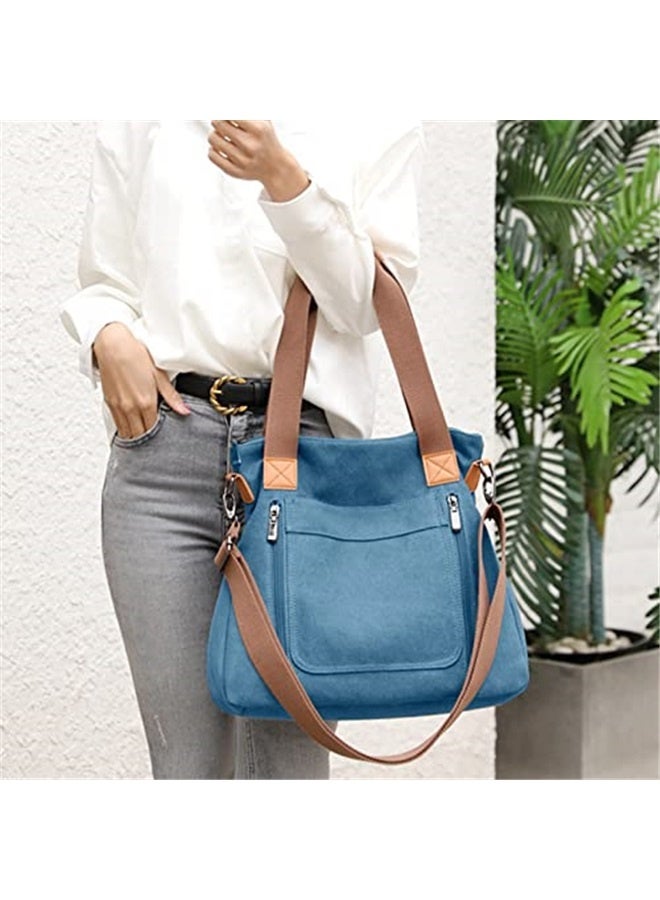 Women's Canvas Tote Bag Work Shoulder Crossbody Bags Vintage Multi-pocket Handbags-blue  - Image 2