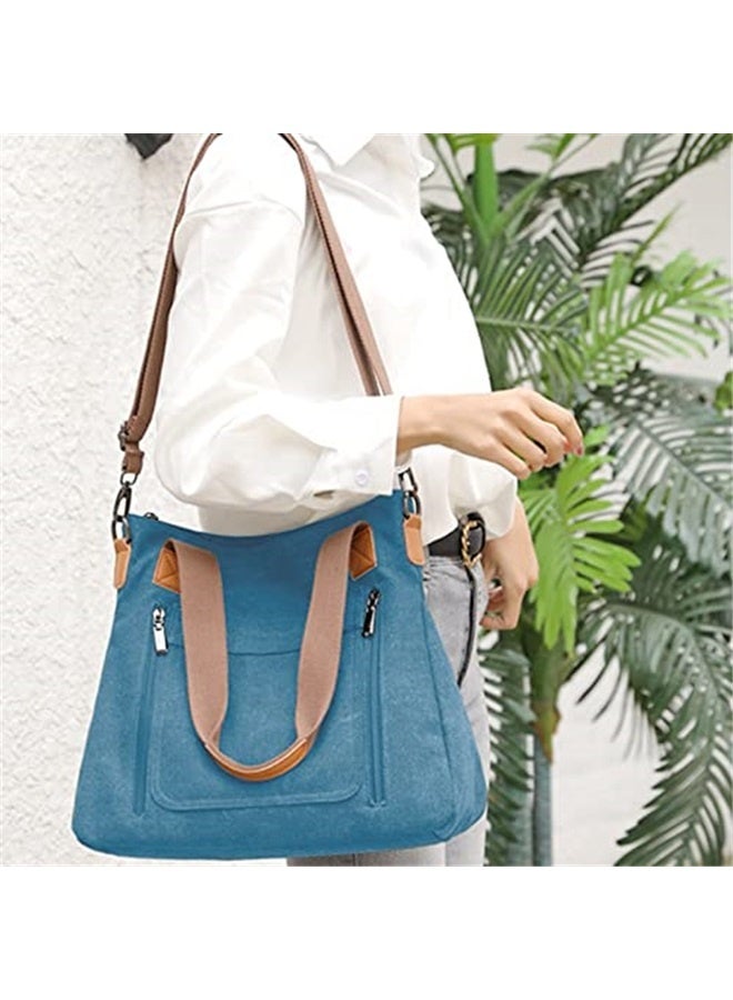 Women's Canvas Tote Bag Work Shoulder Crossbody Bags Vintage Multi-pocket Handbags-blue  - Image 5