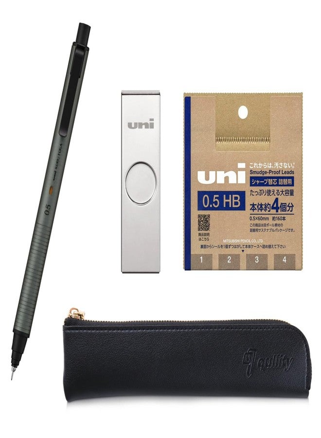 QULLITY Kuru Toga Metal 0.5mm Phantom Gray, Uni Metal Case + Uni Refill 0.5mm HB, Black slim pen case - Image 1