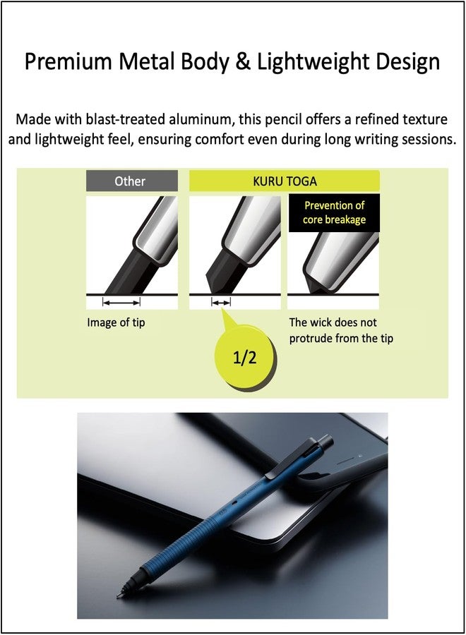 QULLITY Kuru Toga Metal 0.5mm Phantom Gray, Uni Metal Case + Uni Refill 0.5mm HB, Black slim pen case - Image 3