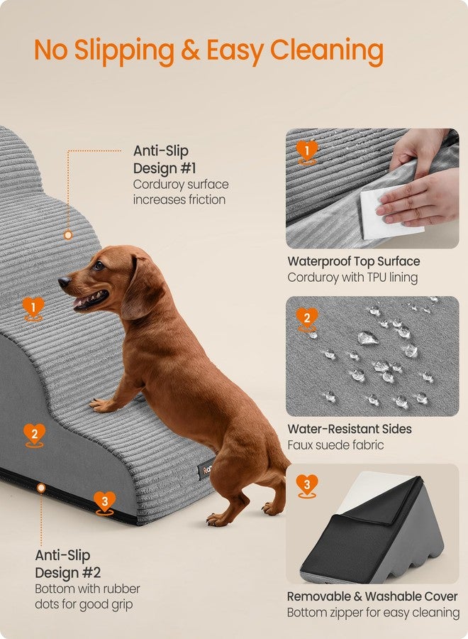 Feandrea 4-Step Dog Stairs, Dog Steps for Bed, Sofa, Waterproof Pet Stairs with Anti-Slip Designs, Gentle Slope, Removable Washable Cover, Handle, Dove Gray UPPS004G01 - Image 5