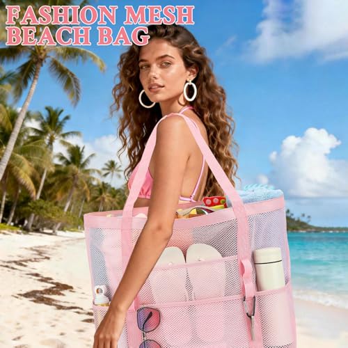 GYEUKHAM Mesh Beach Bag for Women SandResistant Pool Tote 9 Pockets 1 Inner Zip Foldable Family Travel Essentials - Image 3