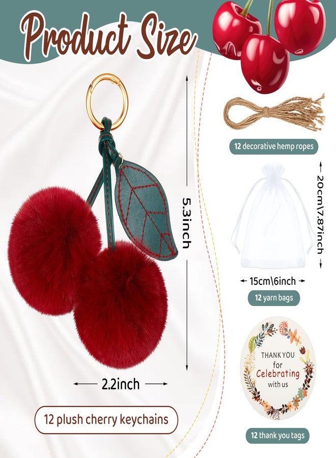 Equsion12 Set Plush Cherry Keychain Bag Charms for Handbags Purse Cherry Accessories Party Favors with Kraft Tags Organza Bag for Women Girls Guests Baptism Baby Shower Wedding - Image 2