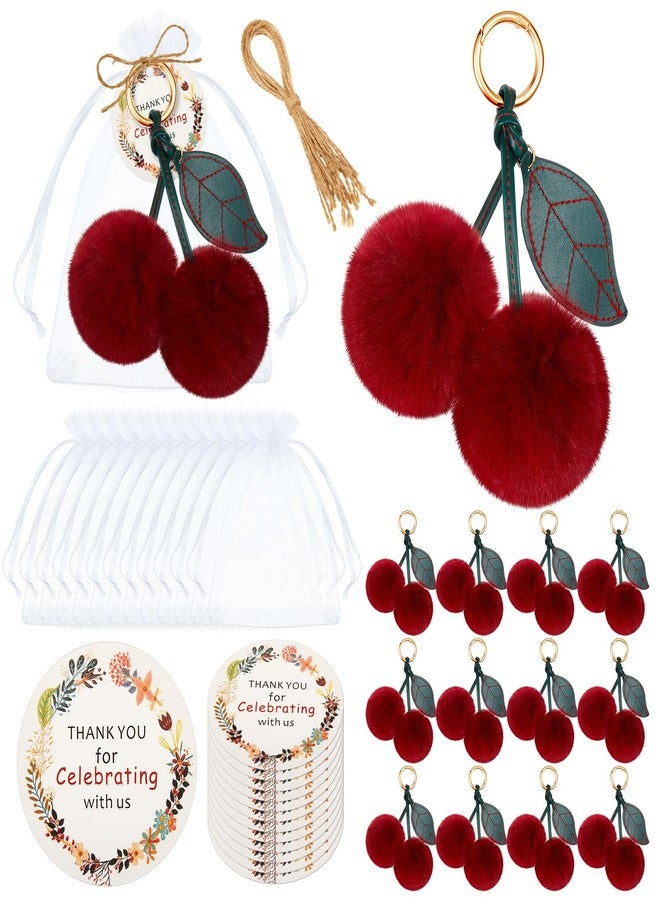 Equsion12 Set Plush Cherry Keychain Bag Charms for Handbags Purse Cherry Accessories Party Favors with Kraft Tags Organza Bag for Women Girls Guests Baptism Baby Shower Wedding - Image 1