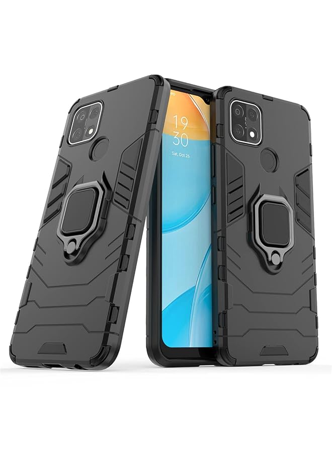 مايجين متوافق مع حافظة اوبو A15 بمقبض حلقي معدني ومسند ممتص للصدمات صلب يعمل مع حامل مغناطيسي للسيارة وغطاء متين بطبقة مزدوجة باللون الأسود - Image 1