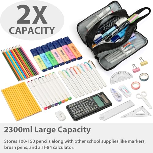 SPACEMATE Pencil Case Pouch Box Bag School Supplies Girls Boys Kids, Cute Preppy Stuff Big Capacity Aesthetic Pen Organizer, Back to College Stationary, Black, Extra Large Style, 2300ml - Image 2