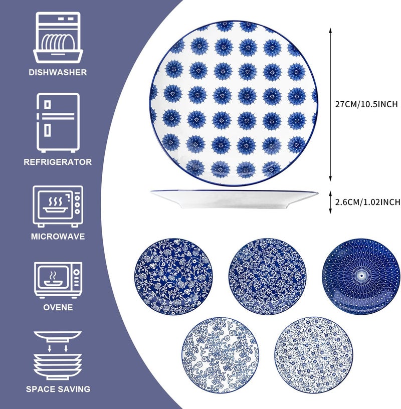 Cerkik Ceramic Dinner Plates Set  105 Inch Large Kitchen Porcelain Salad Serving Plate for Pasta Steak Pizza Pancakes  Scratch Resistant Dishwasher Oven Microwave Safe  Set of 6  Vintage Blue - Image 4