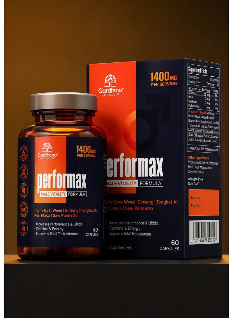 Gardeno Performax Vitality Supplement for Men – Energy & Stamina Support, 60 Vegetable Capsules - Image 1