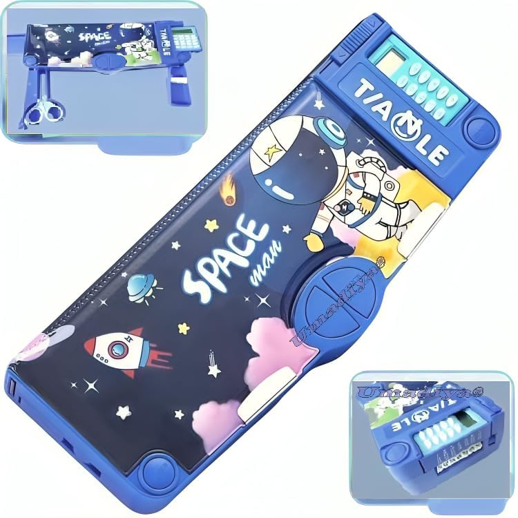 Royals hub Astronaut Magnetic Multifunctional Pencil Box, Cute School Compass for Kids, Buttons Operated Geometry Pencil Box Kids Include Calculator-Scissor-Ruler-Eraser-Sharpener (Blue Space) - Image 1