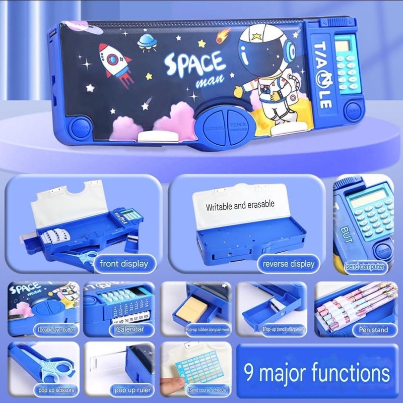 Royals hub Astronaut Magnetic Multifunctional Pencil Box, Cute School Compass for Kids, Buttons Operated Geometry Pencil Box Kids Include Calculator-Scissor-Ruler-Eraser-Sharpener (Blue Space) - Image 2