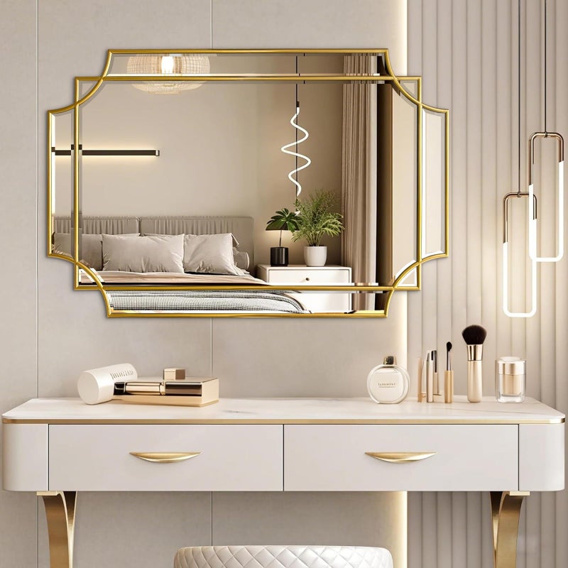 HQiJun Gold Mirror for Wall, 36x24 Gold Wood Framed, Scalloped Beveled Polished Rectangle Mirror, Large Decorative Mirrors for Wall Decor, Irregular Mirror for Living Room, Bathroom Vanity, Entryway - Image 5