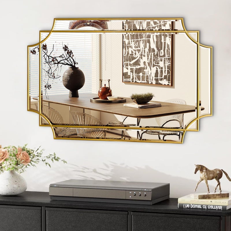 HQiJun Gold Mirror for Wall, 36x24 Gold Wood Framed, Scalloped Beveled Polished Rectangle Mirror, Large Decorative Mirrors for Wall Decor, Irregular Mirror for Living Room, Bathroom Vanity, Entryway - Image 1