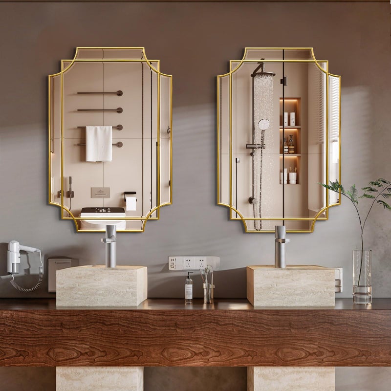HQiJun Gold Mirror for Wall, 36x24 Gold Wood Framed, Scalloped Beveled Polished Rectangle Mirror, Large Decorative Mirrors for Wall Decor, Irregular Mirror for Living Room, Bathroom Vanity, Entryway - Image 2