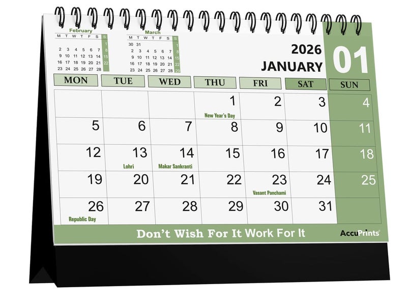 AccuPrints® Desk Calendar 2026 Planner-A5 Size (5.8 x 8.2) inch For Office Home Table New Year Hanging Kids (14 x 20.5) cm- (Green Color Desk) - Image 1