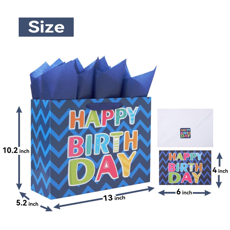 Qirrmiy 13" Large Blue Gift Bag Set with Greeting Card and White Tissue Papers (Laser Foil 'Happy Birthday') for Men's Birthday Party, Boys' or Kids' Parties, Baby Shower, Baby Boy - 13â€x5.2â€x10.2â€, 1 Pcs. - Image 2