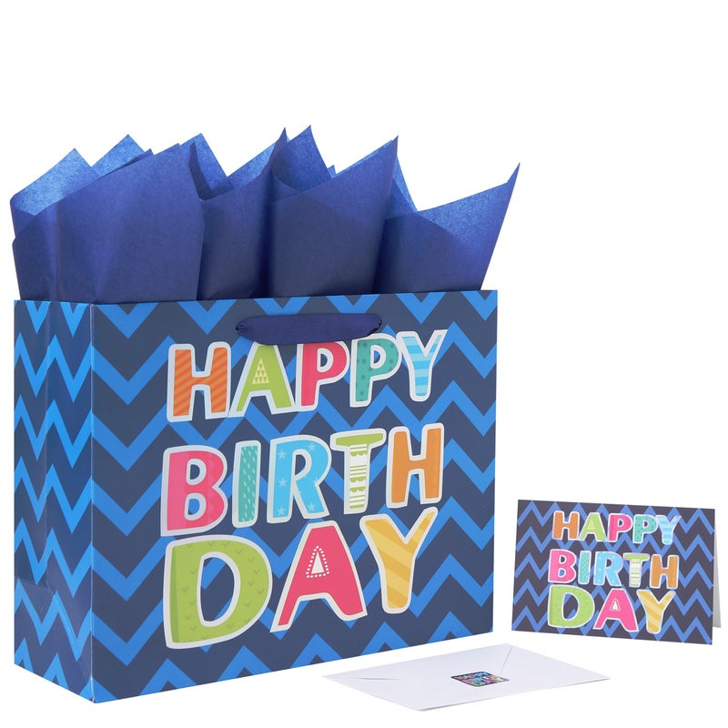 Qirrmiy 13" Large Blue Gift Bag Set with Greeting Card and White Tissue Papers (Laser Foil 'Happy Birthday') for Men's Birthday Party, Boys' or Kids' Parties, Baby Shower, Baby Boy - 13â€x5.2â€x10.2â€, 1 Pcs. - Image 1