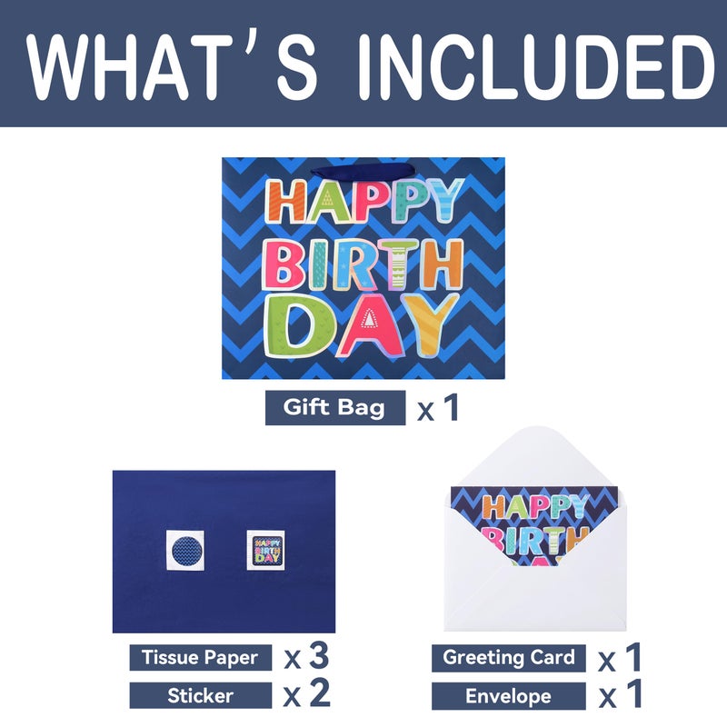 Qirrmiy 13" Large Blue Gift Bag Set with Greeting Card and White Tissue Papers (Laser Foil 'Happy Birthday') for Men's Birthday Party, Boys' or Kids' Parties, Baby Shower, Baby Boy - 13â€x5.2â€x10.2â€, 1 Pcs. - Image 3