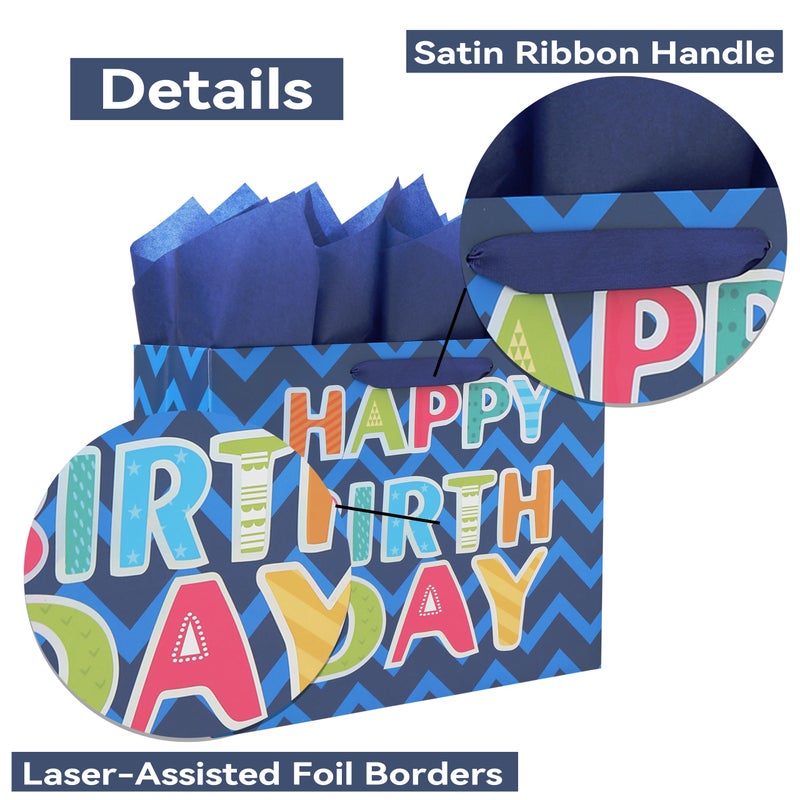 Qirrmiy 13" Large Blue Gift Bag Set with Greeting Card and White Tissue Papers (Laser Foil 'Happy Birthday') for Men's Birthday Party, Boys' or Kids' Parties, Baby Shower, Baby Boy - 13â€x5.2â€x10.2â€, 1 Pcs. - Image 4