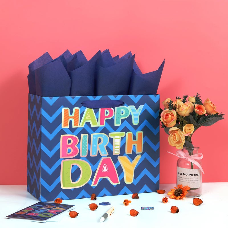 Qirrmiy 13" Large Blue Gift Bag Set with Greeting Card and White Tissue Papers (Laser Foil 'Happy Birthday') for Men's Birthday Party, Boys' or Kids' Parties, Baby Shower, Baby Boy - 13â€x5.2â€x10.2â€, 1 Pcs. - Image 5