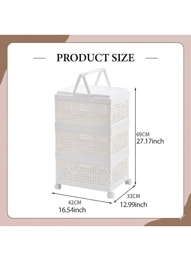 بلومنغ تايم منظم تخزين قابل للطي بثلاثة أرفف مع عجلات - عربة سلة بلاستيكية محمولة بمقبض أبيض - Image 2