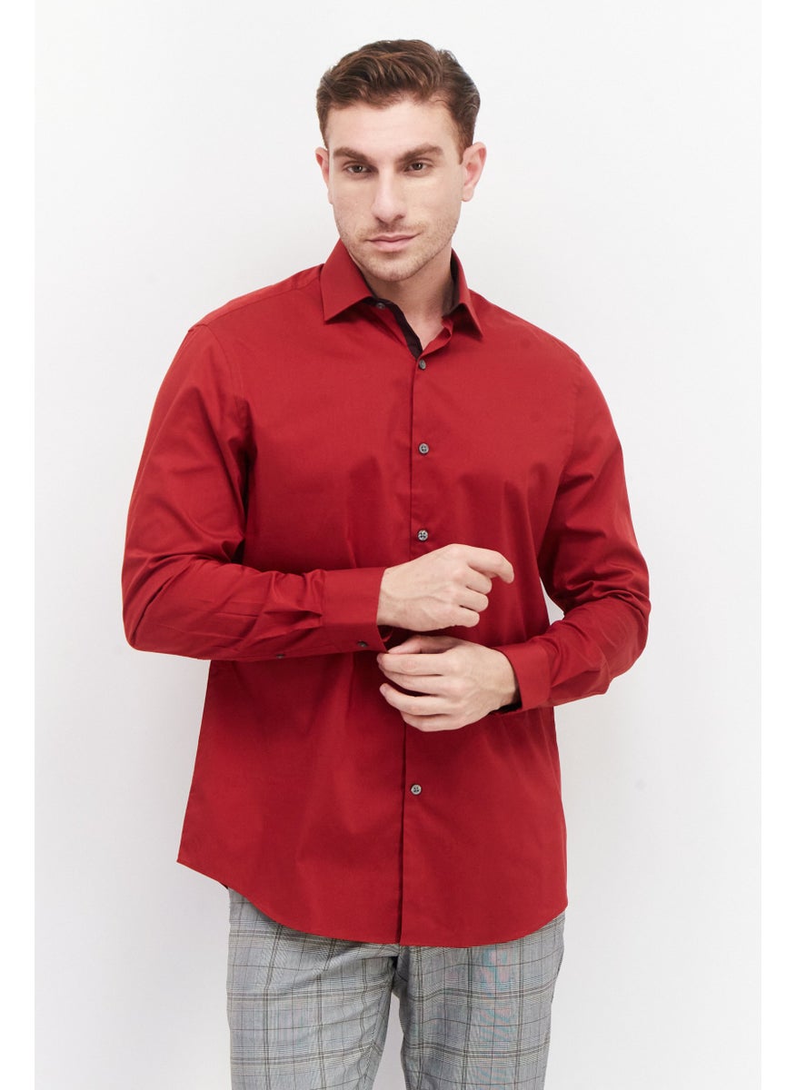 Van Heusen - Men Regular Fit Long Sleeve Plain Dress Shirt, Red - Image 1