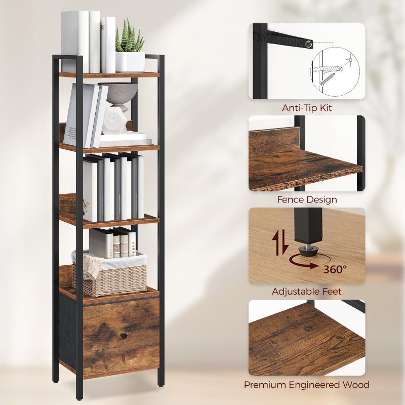 MAHANCRIS Bookshelf, 5-Tier Bookcase with Drawer, Small Book Shelf for Small Space, Storage Shelf Organizer, for Living Room, Bedroom, Study, Kitchen, Rustic Brown and Black BKHR55101 - Image 4