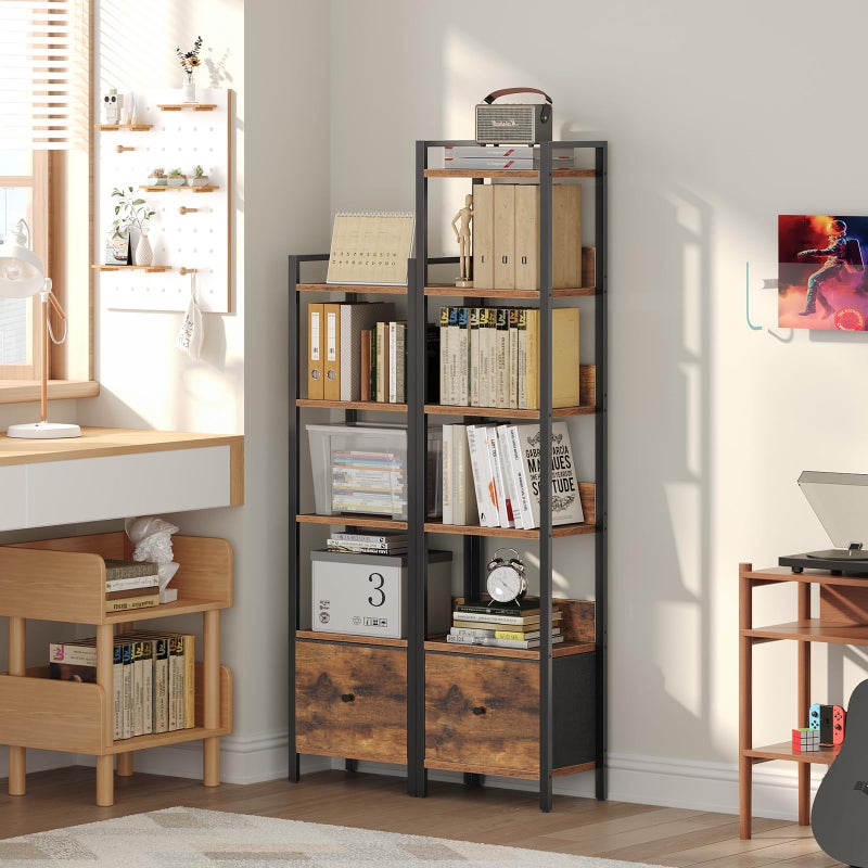 MAHANCRIS Bookshelf, 5-Tier Bookcase with Drawer, Small Book Shelf for Small Space, Storage Shelf Organizer, for Living Room, Bedroom, Study, Kitchen, Rustic Brown and Black BKHR55101 - Image 2