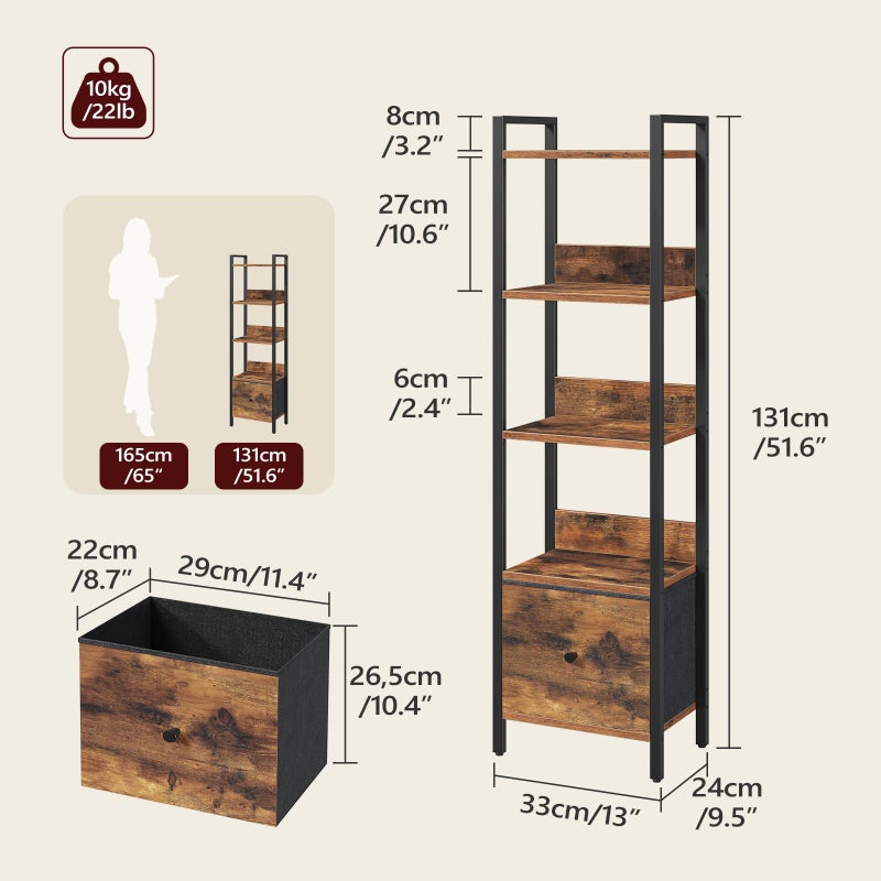 MAHANCRIS Bookshelf, 5-Tier Bookcase with Drawer, Small Book Shelf for Small Space, Storage Shelf Organizer, for Living Room, Bedroom, Study, Kitchen, Rustic Brown and Black BKHR55101 - Image 3