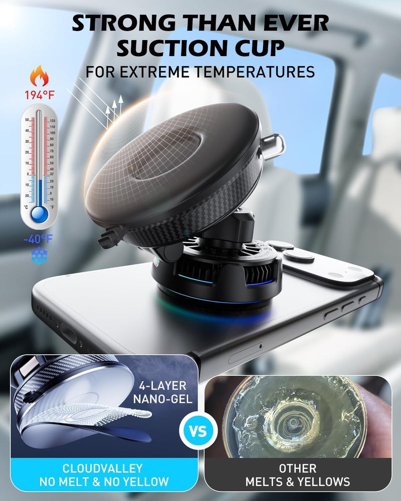 CloudValley Qi2.2 25W Wireless Car Charger Mount with RGB Light, Magnetic Car Phone Holder with Cooling Fan & 45W Adapter, 360Â° Rotating Vacuum Suction Mount, Design for MagSafe iPhone 17/16/15/14/13 - Image 5