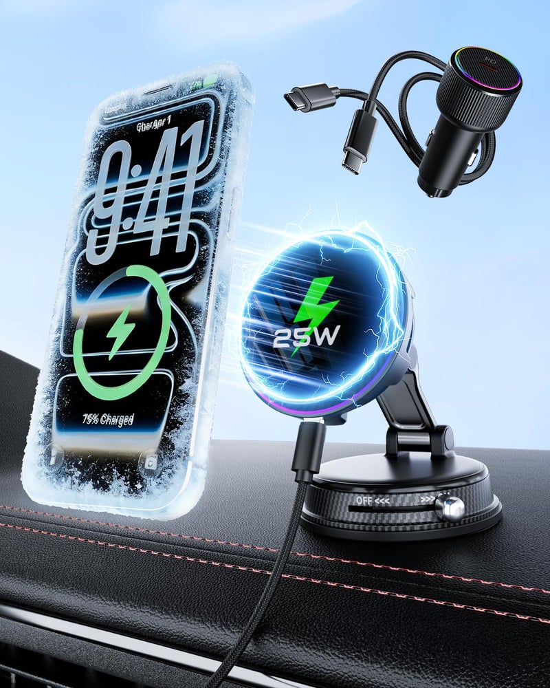 CloudValley Qi2.2 25W Wireless Car Charger Mount with RGB Light, Magnetic Car Phone Holder with Cooling Fan & 45W Adapter, 360Â° Rotating Vacuum Suction Mount, Design for MagSafe iPhone 17/16/15/14/13 - Image 1