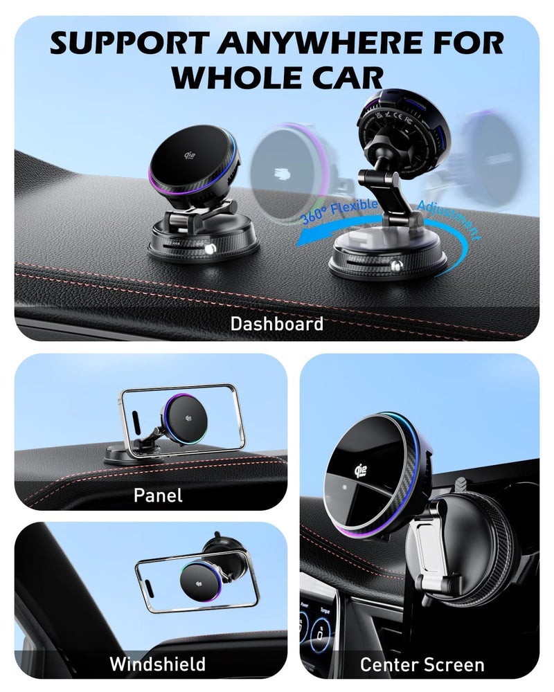 CloudValley Qi2.2 25W Wireless Car Charger Mount with RGB Light, Magnetic Car Phone Holder with Cooling Fan & 45W Adapter, 360Â° Rotating Vacuum Suction Mount, Design for MagSafe iPhone 17/16/15/14/13 - Image 4