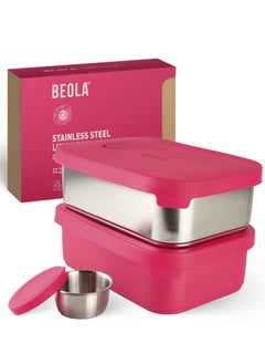 BEOLA Set of 2 Stainless Steel Lunch Boxes with sauce cup - 2x 900ml, Raspberry  - Image 1