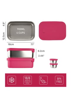 BEOLA Set of 2 Stainless Steel Lunch Boxes with sauce cup - 2x 900ml, Raspberry  - Image 3