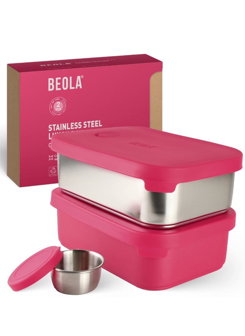BEOLA - Set of 2 Stainless Steel Lunch Boxes with sauce cup - 2x 900ml, Raspberry - Image 1