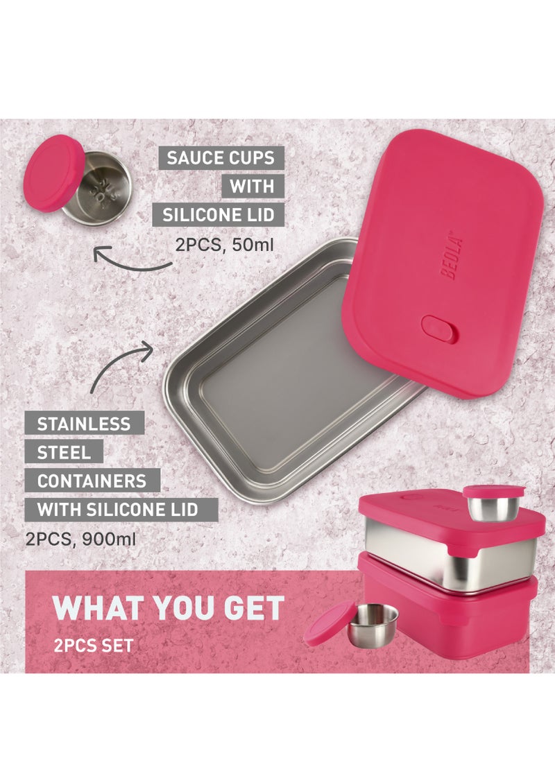 BEOLA - Set of 2 Stainless Steel Lunch Boxes with sauce cup - 2x 900ml, Raspberry - Image 1
