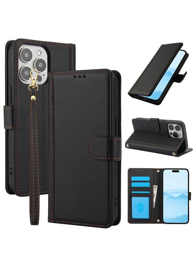 زبون جراب لهاتف iPhone 11 Pro Max مصنوع من الجلد بلون نقي وفتحات للبطاقات مع حبل مزدوج - Image 1