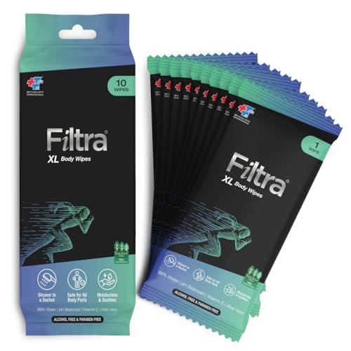 Filtra® XL Body Wipes | Extra Large & Thick Full Body Wipes | Pack of 10 Single Sachets Wipes | Shower in a Sachet | Suited for Gym | Fitness | Sports | Athletes | Cricket | Soccer | Runners | Racket Sports | Travel | Commuter | Trekking | Camping | Festivals | Road Trips - Travel Pack of 10 Single Sachets - Image 1