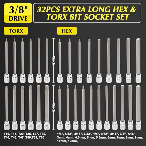 EMENTOL 32PCS 3/8"Dr. Extra Long Hex and Torx Bit Socket Set, CR-V, S2 Steel, 5.9" Length Allen Hex and Star Bit Socket Set, 1/8 Inch - 7/16 Inch, 3mm - 12mm, T10-T60 - Image 2