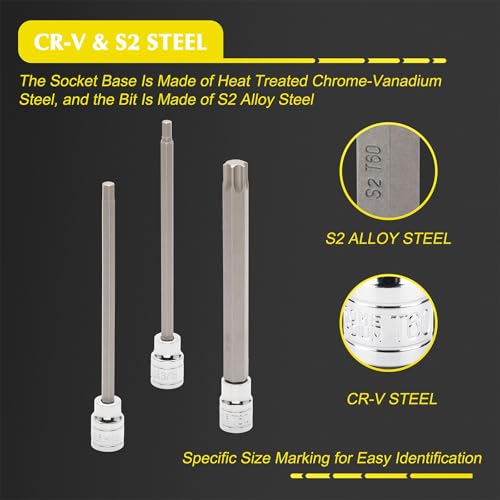 EMENTOL 32PCS 3/8"Dr. Extra Long Hex and Torx Bit Socket Set, CR-V, S2 Steel, 5.9" Length Allen Hex and Star Bit Socket Set, 1/8 Inch - 7/16 Inch, 3mm - 12mm, T10-T60 - Image 3