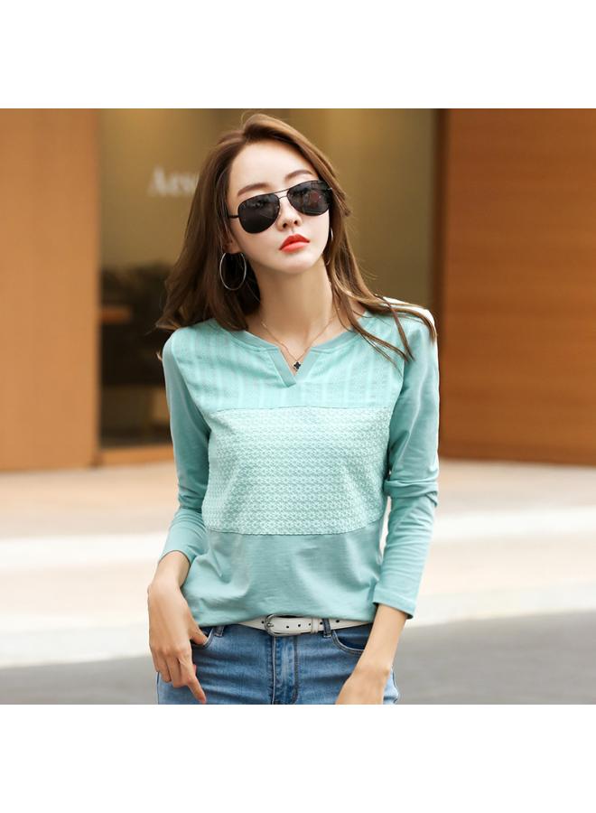 Spring And Autumn Green Long Sleeve T-shirt Women's Autumn New Embroidery Stitching Cotton Base Shirt Women's