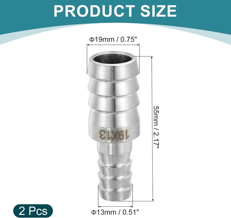 QUARKZMAN 2 pieces diameter 19 x 13 mm hose nozzle reducer pipe fitting, 304 stainless steel hose pipe fitting for vacuum systems, industrial pipe connections, silver - Image 2