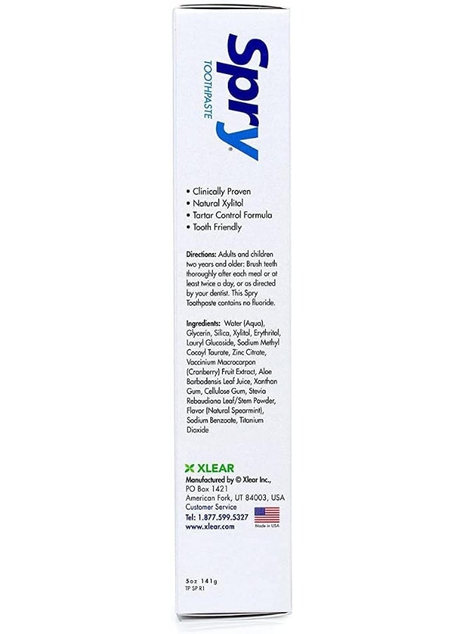 Spry Natural Xylitol Toothpaste 5oz for Adults and Kids - Fluoride Free, Gentle for Sensitive Teeth Whitening and Remineralizing, Breath Freshening, Mouth Moisturizing, Spearmint (Pack of 2) - Image 3