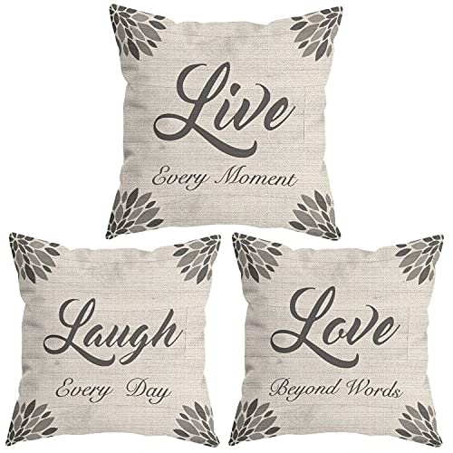 HUYAW Farmhouse Rustic Inspirational Family Quote Live Laugh Love Throw Pillow Covers Housewarming Gifts for Women Farmhouse Pillow Cases 18 x 18 Inch Home Room Bed Sofa Decor Set of 3